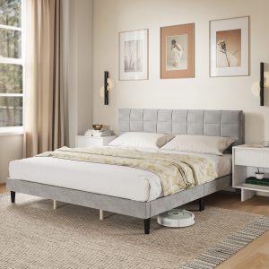 HOMCOM King Size Bed Frame with Upholstered Headboard, Modern Platform Bed Frame with Wood Slats, 1100 lbs Capacity, Grey - Image 9