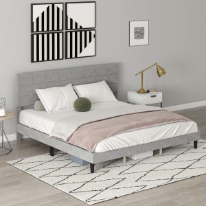 HOMCOM King Size Bed Frame with Upholstered Headboard, Modern Platform Bed Frame with Wood Slats, 1100 lbs Capacity, Grey - Image 10