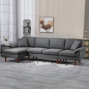 HOMCOM L-Shape Sofa, Modern Sectional Couch with Changeable Chaise Lounge, Pillows and Wooden Legs for Living Room, Dark Grey - Image 1
