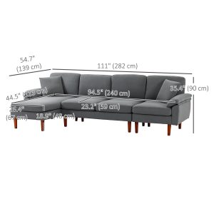 HOMCOM L-Shape Sofa, Modern Sectional Couch with Changeable Chaise Lounge, Pillows and Wooden Legs for Living Room, Dark Grey - Image 3