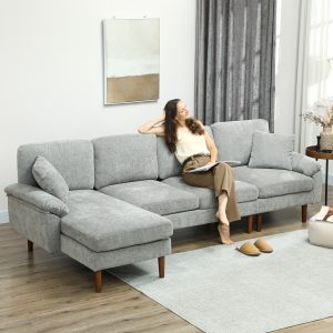 HOMCOM L-Shape Sofa, Modern Sectional Couch with Changeable Chaise Lounge, Pillows and Wooden Legs for Living Room, Grey - Image 1