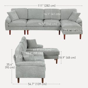 HOMCOM L-Shape Sofa, Modern Sectional Couch with Changeable Chaise Lounge, Pillows and Wooden Legs for Living Room, Grey - Image 3