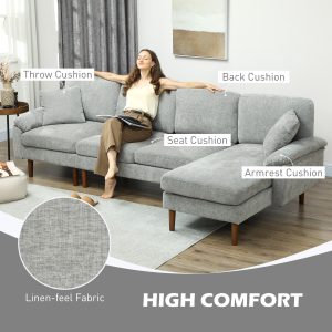 HOMCOM L-Shape Sofa, Modern Sectional Couch with Changeable Chaise Lounge, Pillows and Wooden Legs for Living Room, Grey - Image 4
