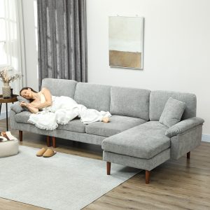 HOMCOM L-Shape Sofa, Modern Sectional Couch with Changeable Chaise Lounge, Pillows and Wooden Legs for Living Room, Grey - Image 9