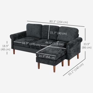 HOMCOM L Shape Sofa, Modern Sectional Couch with Changeable Chaise Lounge, Wooden Legs, Corner Sofa for Living Room, Black - Image 3
