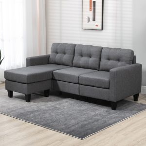 HOMCOM L-shaped Sofa, 3 Seater Couch with Ottoman, Corner Sofa with Thick Padded Cushion and Wood Legs, Dark Grey - Image 1