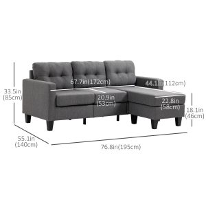 HOMCOM L-shaped Sofa, 3 Seater Couch with Ottoman, Corner Sofa with Thick Padded Cushion and Wood Legs, Dark Grey - Image 3