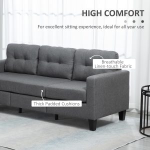 HOMCOM L-shaped Sofa, 3 Seater Couch with Ottoman, Corner Sofa with Thick Padded Cushion and Wood Legs, Dark Grey - Image 4