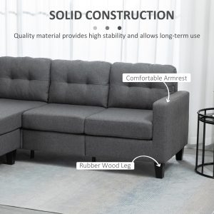 HOMCOM L-shaped Sofa, 3 Seater Couch with Ottoman, Corner Sofa with Thick Padded Cushion and Wood Legs, Dark Grey - Image 6