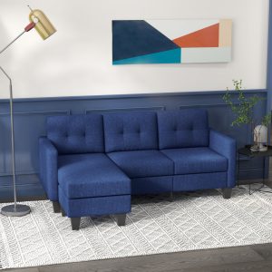 HOMCOM L-shaped Sofa, 3 Seater Sectional Couch with Ottoman, Corner Sofa with Thick Padded Cushion and Wood Legs, Dark Blue - Image 1