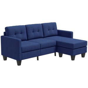 HOMCOM L-shaped Sofa, 3 Seater Sectional Couch with Ottoman, Corner Sofa with Thick Padded Cushion and Wood Legs, Dark Blue - Image 2