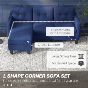 HOMCOM L-shaped Sofa, 3 Seater Sectional Couch with Ottoman, Corner Sofa with Thick Padded Cushion and Wood Legs, Dark Blue - Image 5