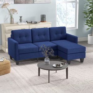HOMCOM L-shaped Sofa, 3 Seater Sectional Couch with Ottoman, Corner Sofa with Thick Padded Cushion and Wood Legs, Dark Blue - Image 7