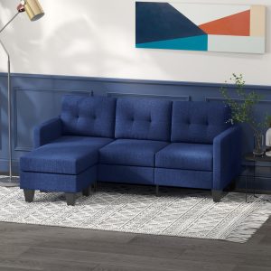 HOMCOM L-shaped Sofa, 3 Seater Sectional Couch with Ottoman, Corner Sofa with Thick Padded Cushion and Wood Legs, Dark Blue - Image 8