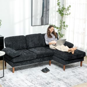 HOMCOM Modern Corner Couch with Right Chaise Lounge, Tufted 3-Seater Sofa with Wooden Legs for Living Room, Black - Image 1