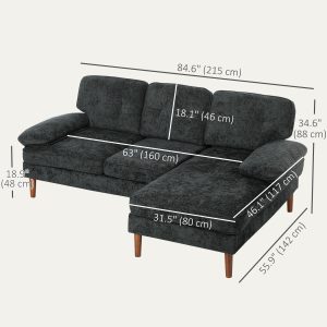 HOMCOM Modern Corner Couch with Right Chaise Lounge, Tufted 3-Seater Sofa with Wooden Legs for Living Room, Black - Image 3
