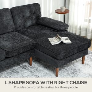 HOMCOM Modern Corner Couch with Right Chaise Lounge, Tufted 3-Seater Sofa with Wooden Legs for Living Room, Black - Image 4