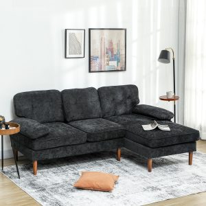 HOMCOM Modern Corner Couch with Right Chaise Lounge, Tufted 3-Seater Sofa with Wooden Legs for Living Room, Black - Image 9