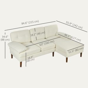 HOMCOM Modern Corner Couch with Right Chaise Lounge, Tufted 3-Seater Sofa with Wooden Legs for Living Room, Cream White - Image 3