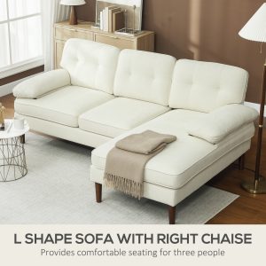 HOMCOM Modern Corner Couch with Right Chaise Lounge, Tufted 3-Seater Sofa with Wooden Legs for Living Room, Cream White - Image 4