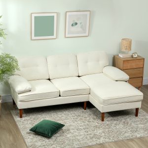 HOMCOM Modern Corner Couch with Right Chaise Lounge, Tufted 3-Seater Sofa with Wooden Legs for Living Room, Cream White - Image 9