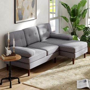 HOMCOM Modern Corner Couch with Right Chaise Lounge, Tufted 3-Seater Sofa with Wooden Legs for Living Room, Grey - Image 1