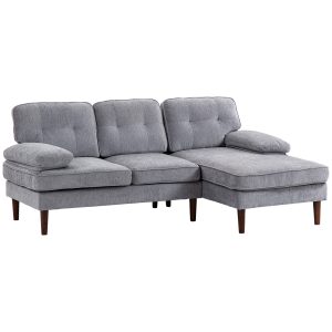 HOMCOM Modern Corner Couch with Right Chaise Lounge, Tufted 3-Seater Sofa with Wooden Legs for Living Room, Grey - Image 2