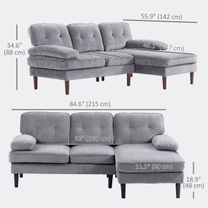 HOMCOM Modern Corner Couch with Right Chaise Lounge, Tufted 3-Seater Sofa with Wooden Legs for Living Room, Grey - Image 3