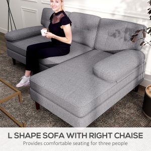 HOMCOM Modern Corner Couch with Right Chaise Lounge, Tufted 3-Seater Sofa with Wooden Legs for Living Room, Grey - Image 4