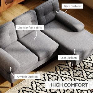 HOMCOM Modern Corner Couch with Right Chaise Lounge, Tufted 3-Seater Sofa with Wooden Legs for Living Room, Grey - Image 5
