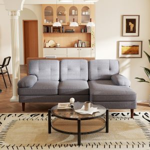 HOMCOM Modern Corner Couch with Right Chaise Lounge, Tufted 3-Seater Sofa with Wooden Legs for Living Room, Grey - Image 9