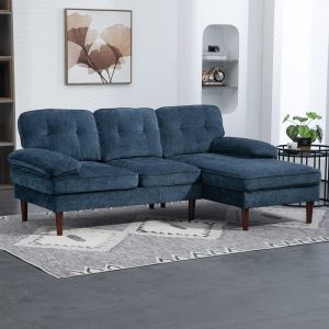 HOMCOM Modern Corner Couch with Right Chaise Lounge, Tufted 3-Seater Sofa with Wooden Legs for Living Room, Navy Blue - Image 1