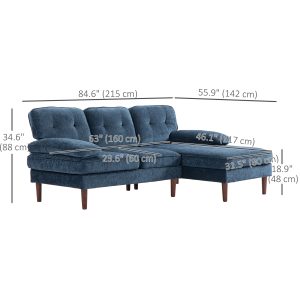 HOMCOM Modern Corner Couch with Right Chaise Lounge, Tufted 3-Seater Sofa with Wooden Legs for Living Room, Navy Blue - Image 3