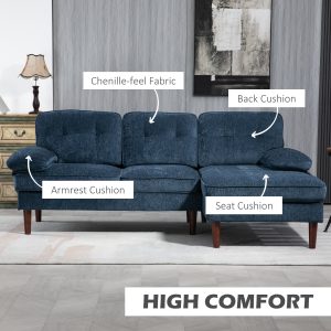 HOMCOM Modern Corner Couch with Right Chaise Lounge, Tufted 3-Seater Sofa with Wooden Legs for Living Room, Navy Blue - Image 5