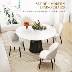 HOMCOM Modern Dining Chairs Set of 4, Upholstered Dining Room Chairs with Metal Legs, Shell Backrest, Padded Seat, Cream White - Image 4