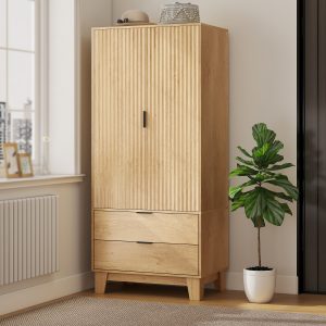 HOMCOM Modern Wardrobe Closet, Freestanding Armoire with Soft-Close Doors, 2 Drawers and Hanging Rod for Bedroom, Natural - Image 1