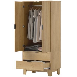 HOMCOM Modern Wardrobe Closet, Freestanding Armoire with Soft-Close Doors, 2 Drawers and Hanging Rod for Bedroom, Natural - Image 12
