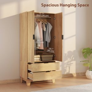 HOMCOM Modern Wardrobe Closet, Freestanding Armoire with Soft-Close Doors, 2 Drawers and Hanging Rod for Bedroom, Natural - Image 14