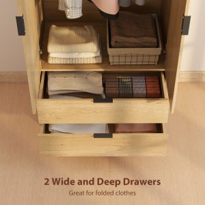 HOMCOM Modern Wardrobe Closet, Freestanding Armoire with Soft-Close Doors, 2 Drawers and Hanging Rod for Bedroom, Natural - Image 15