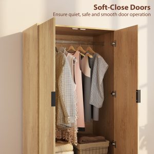 HOMCOM Modern Wardrobe Closet, Freestanding Armoire with Soft-Close Doors, 2 Drawers and Hanging Rod for Bedroom, Natural - Image 16