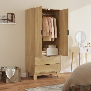 HOMCOM Modern Wardrobe Closet, Freestanding Armoire with Soft-Close Doors, 2 Drawers and Hanging Rod for Bedroom, Natural - Image 20