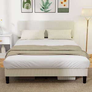 HOMCOM Queen Size Bed Frame with Adjustable Upholstered Headboard Platform Bed Frame Wood Slat Support Noise Free Light Grey - Image 1