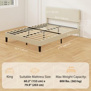 HOMCOM Queen Size Bed Frame with Adjustable Upholstered Headboard Platform Bed Frame Wood Slat Support Noise Free Light Grey - Image 3