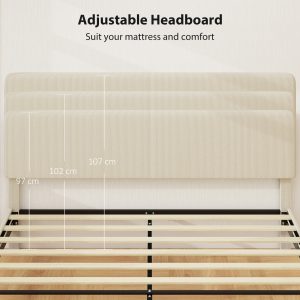 HOMCOM Queen Size Bed Frame with Adjustable Upholstered Headboard Platform Bed Frame Wood Slat Support Noise Free Light Grey - Image 4