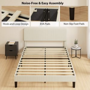 HOMCOM Queen Size Bed Frame with Adjustable Upholstered Headboard Platform Bed Frame Wood Slat Support Noise Free Light Grey - Image 6