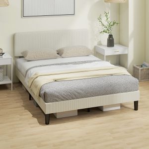 HOMCOM Queen Size Bed Frame with Adjustable Upholstered Headboard Platform Bed Frame Wood Slat Support Noise Free Light Grey - Image 8