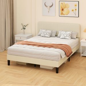 HOMCOM Queen Size Bed Frame with Adjustable Upholstered Headboard Platform Bed Frame Wood Slat Support Noise Free Light Grey - Image 9