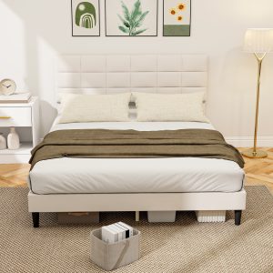 HOMCOM Queen Size Bed Frame with Upholstered Headboard, Modern Platform Bed Frame with Wood Slats, 1100 lbs Capacity, Cream - Image 1