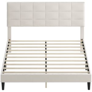 HOMCOM Queen Size Bed Frame with Upholstered Headboard, Modern Platform Bed Frame with Wood Slats, 1100 lbs Capacity, Cream - Image 2