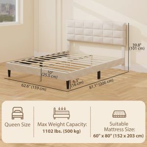 HOMCOM Queen Size Bed Frame with Upholstered Headboard, Modern Platform Bed Frame with Wood Slats, 1100 lbs Capacity, Cream - Image 3